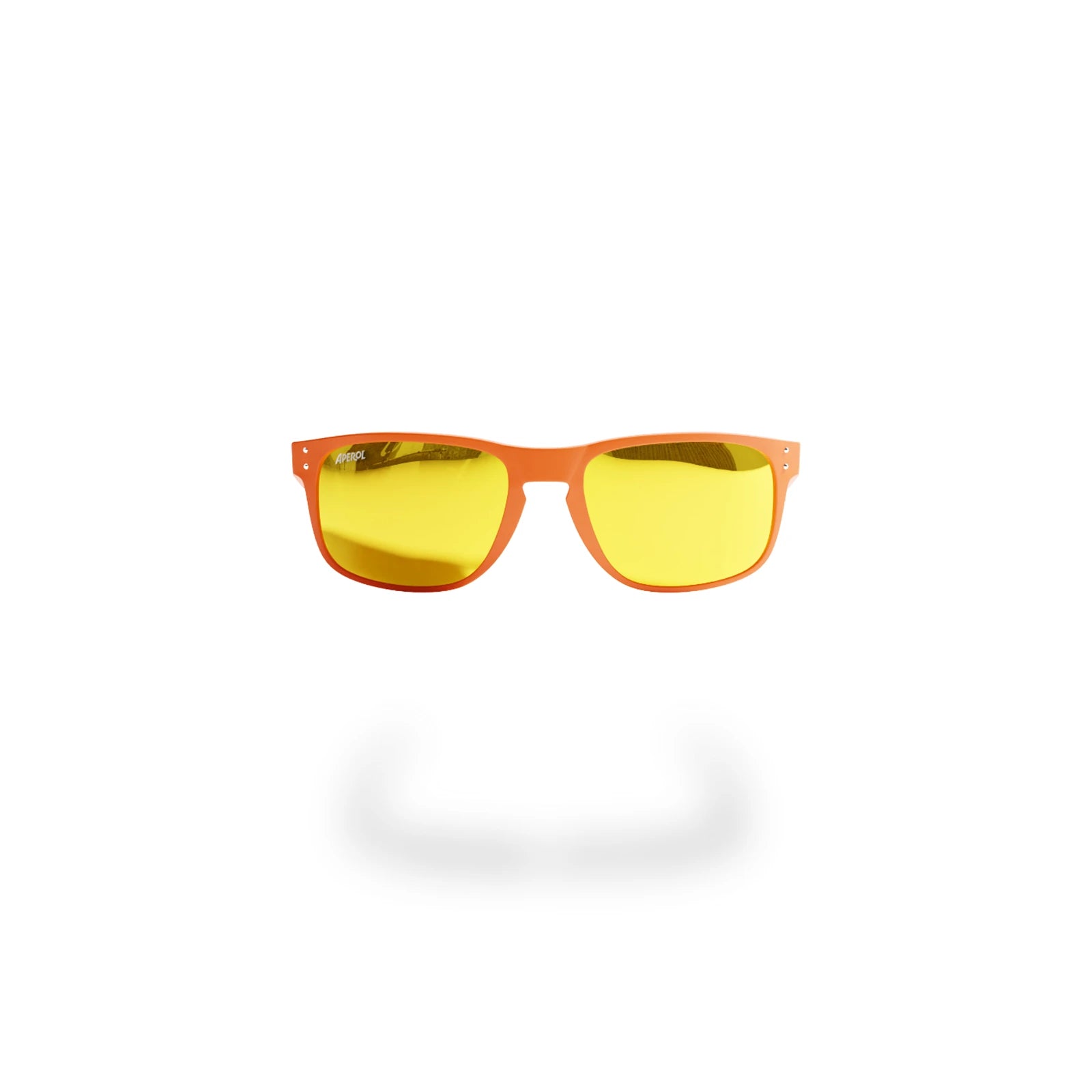A pair of Aperol-branded sunglasses with a vibrant orange frame and bright yellow lenses, displayed against a clean white background with a soft shadow beneath.